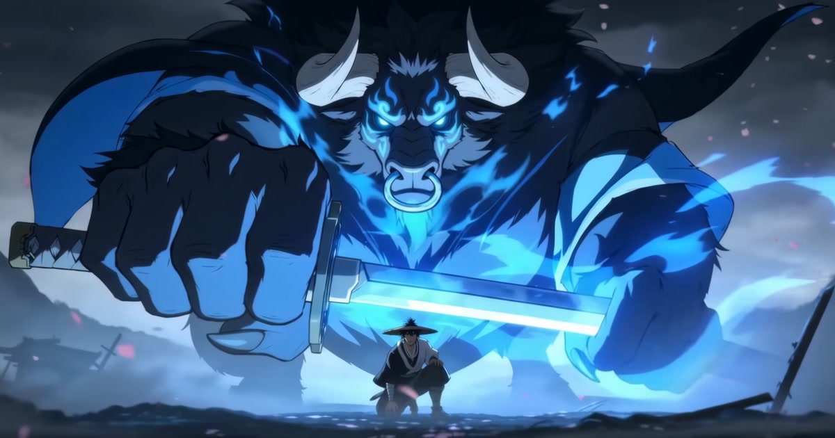 Blue Bull — neon warrior towering over the herd
