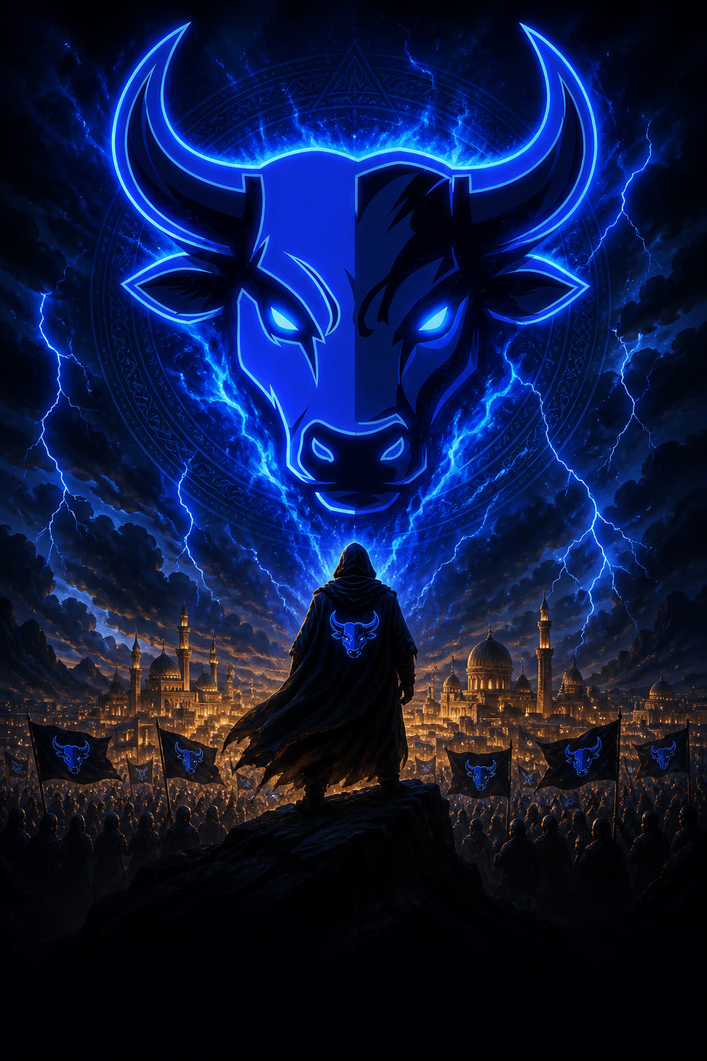 The Herd Is Rising — a cloaked believer facing a celestial Blue Bull over a golden city
